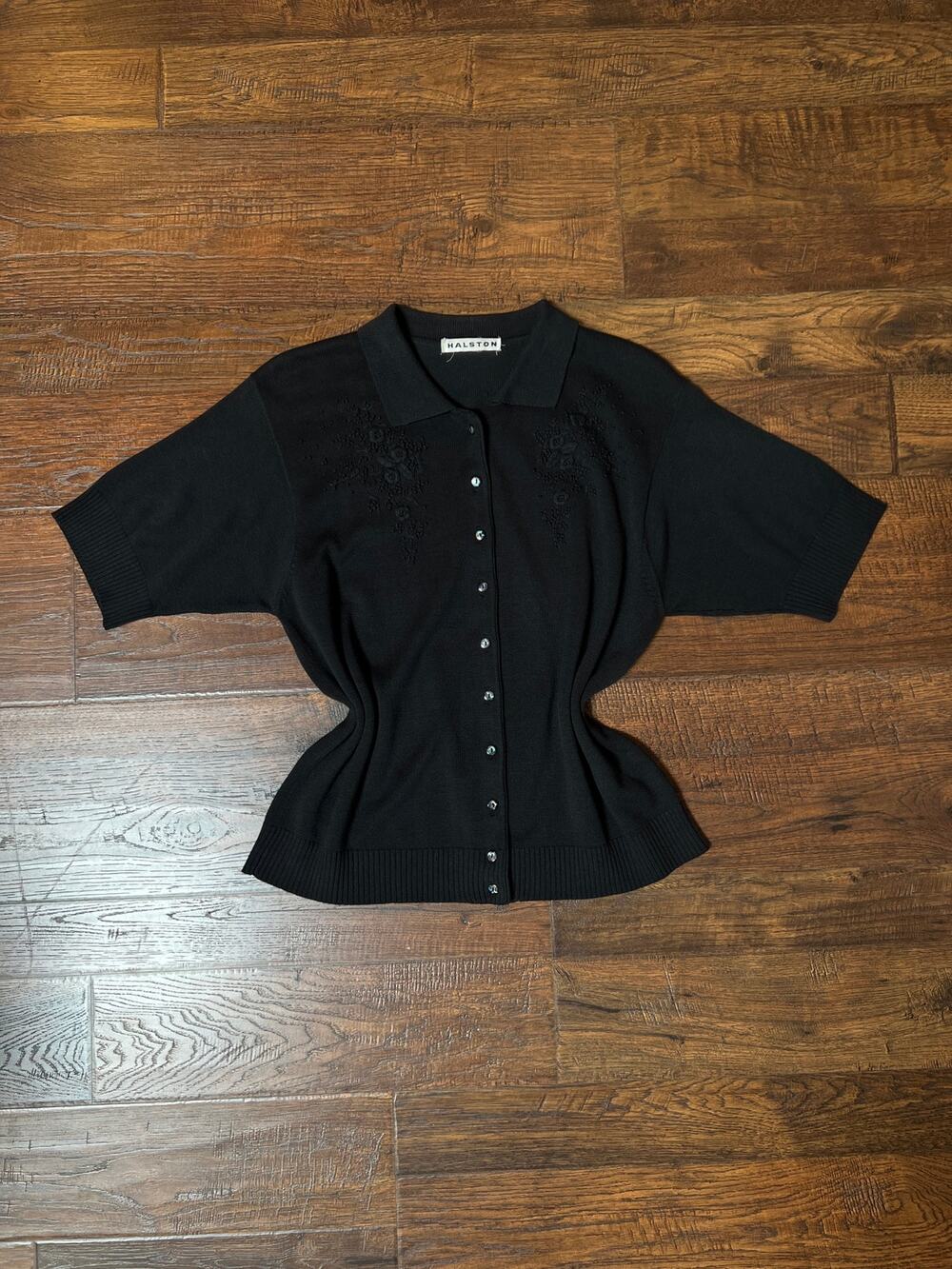 VTG Halston Knit Cardigan Black Floral Embroidered Short Sleeve Sweater Small